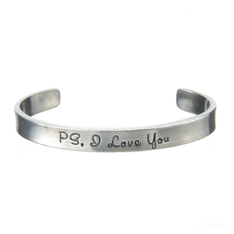 PS I Love You Inspirational Quotable Open Cuff Bracelet – Handcrafted Recycled Pewter Jewelry | Made in USA Whitney Howard Designs  Cuff Bracelets