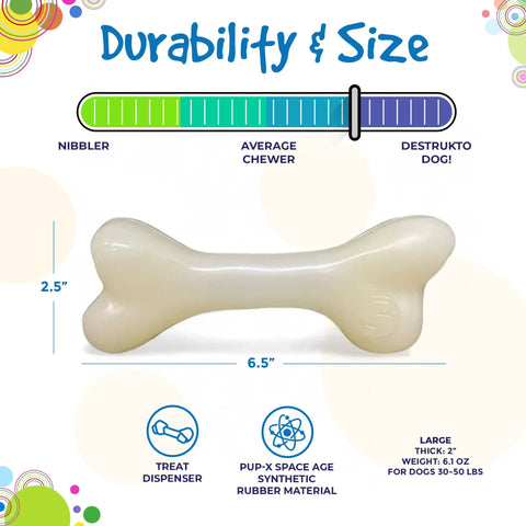 The SodaPup PUP-X Synthetic Rubber Chewing & Floating Bone Toy in glow-in-the-dark cream is 6.5 long and 2.5 thick, durable from Nibbler to Destrukto Dog, dishwasher safe, and doubles as a treat dispenser.