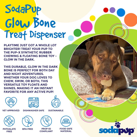 A promo image for SodaPup’s PUP-X Synthetic Rubber Chewing & Floating Bone Toy shows a brown dog with the glow-in-the-dark bone. Colorful text and icons highlight its durability, dishwasher safety, safety, and sustainability.