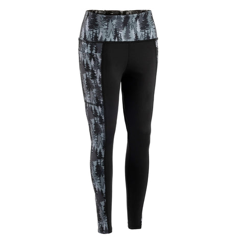 The Fireside Pine Pacific Silver Fir - Charcoal leggings feature a high-rise waist and an asymmetrical charcoal tree silhouette on the waistband, one leg, and side panel for a modern look.