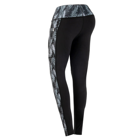 The Fireside Pine Pacific Silver Fir - Charcoal leggings feature a high-rise waist and side panels with a charcoal forest tree pattern, shown on a mannequin displaying the right side and back.