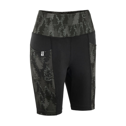 Fireside Pines Pacific Yew - Gunmetal women’s biker shorts feature a forest tree pattern in black and dark green, high-rise waist, and double pockets, shown on a white background.