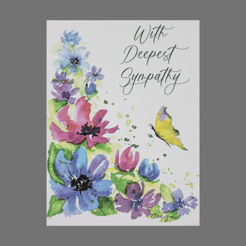 JuLu Cards’ Pack of 4 With Deepest Sympathy cards (20063) features watercolor flowers and a yellow butterfly on a white background with elegant script. Matching envelopes are included.