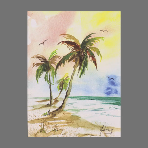 JuLu Cards’ Pack of 4 - Palm Trees on Beach Sunset (20025) features watercolor tropical beach scenes with leaning palms, a vibrant sunset sky, and birds—perfect for 4.5 x 6.25 cards with matching envelopes.