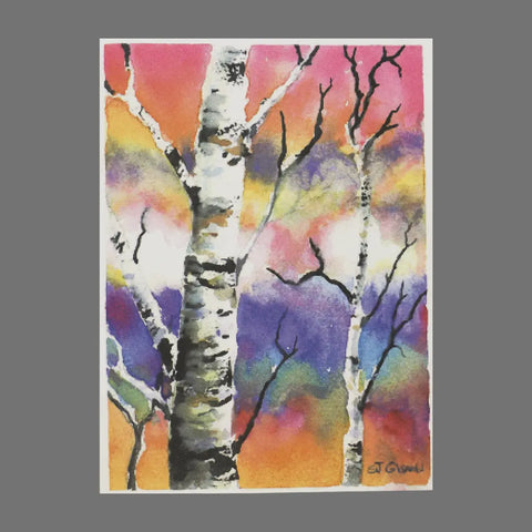JuLu Cards Pack of 4 - Birch Tree With Sunset Colors Behind (20003) features watercolor scenes on 4.5 x 6.25 cards with envelopes. Each card is artist-signed in the bottom right corner.