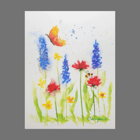 Pack of 4 - Butterfly and Bee With Wildflowers (20073) by JuLu Cards features watercolor garden scenes with blue, red, and yellow flowers, butterflies above green grass, and a white background—ideal for wildflower or butterfly-themed greeting cards.
