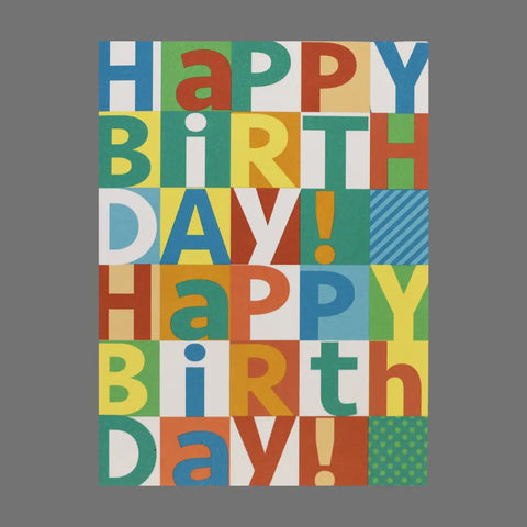 The JuLu Cards Pack of 4 – Happy Birthday! Happy Birthday! in Colorful Blocks (20030) features vibrant letters on a gray background. Each card comes with envelopes, perfect for any birthday celebration.
