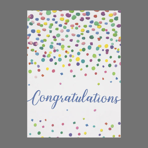 Celebrate any occasion with the JuLu Cards Pack of 4 Congratulations With Confetti cards (20056), featuring a white design, colorful confetti accents, elegant blue script, and a modern grey background—perfect to pair with matching envelopes.