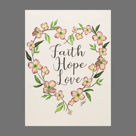 JuLu Cards Pack of 4 – Faith Hope Love With Flowers in a Heart Shape (20036) features pink blooms and green leaves framing elegant script—ideal for cards or prints, perfect to pair with envelopes for thoughtful notes.