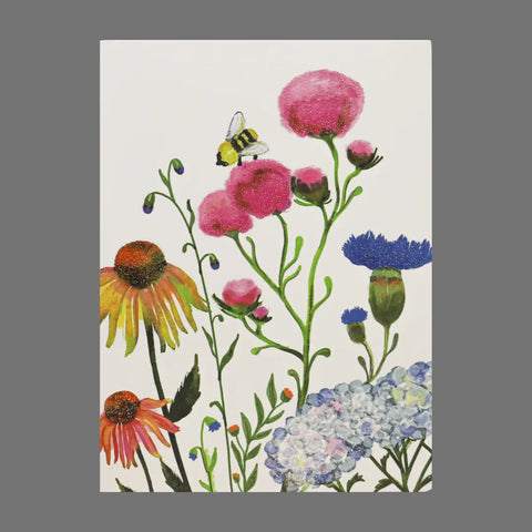 JuLu Cards Pack of 4 - Bee on Pink Flowers With Other Various Flowers (20013) features a vibrant wildflower illustration with a bee over pink blooms on a white background, ideal for cards or matching envelopes.