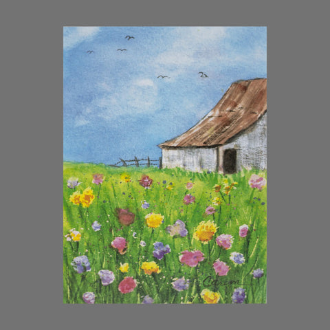 Share nature’s beauty with someone special using JuLu Cards’ Pack of 4 - Field of Flowers and Barn (20068), featuring watercolor barns and wildflowers on 4.5 x 6.25 cards with matching envelopes.