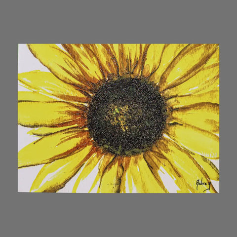JuLu Cards Pack of 4 - Sunflower With Textured Center (20018) features bright yellow sunflowers with dark, textured centers on a plain white background, gray border, and perfect sizing for cards or matching envelopes.