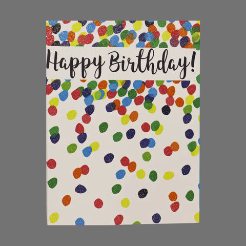 JuLu Cards Pack of 4 Happy Birthday! cards (20012) features bold black script and colorful circles on a white background. Includes envelopes for easy gifting.