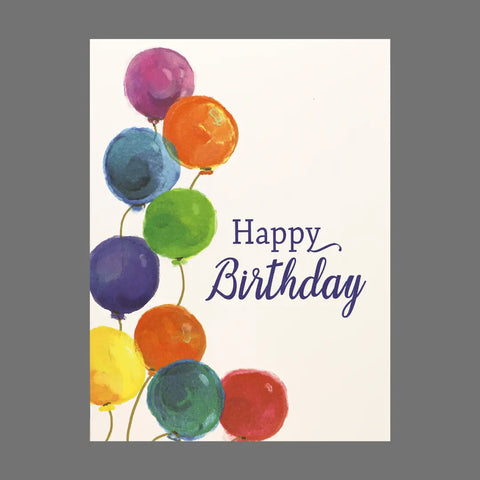 JuLu Cards Pack of 4 Happy Birthday cards (20024) features colorful painted balloons on the left and script on the right, all on a white background. Each 4.5 x 6.25 card comes with an envelope.
