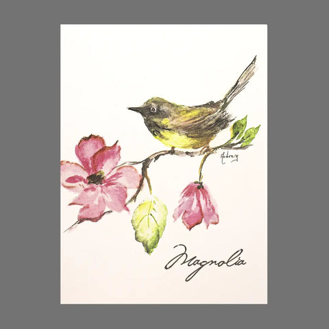 JuLu Cards’ Pack of 4 Magnolia With Bird and Flowers (20015) features watercolor cards of a bird on a branch with pink magnolias, “Magnolia” in script, sized 4.5 x 6.25 inches with envelopes—perfect for any occasion.