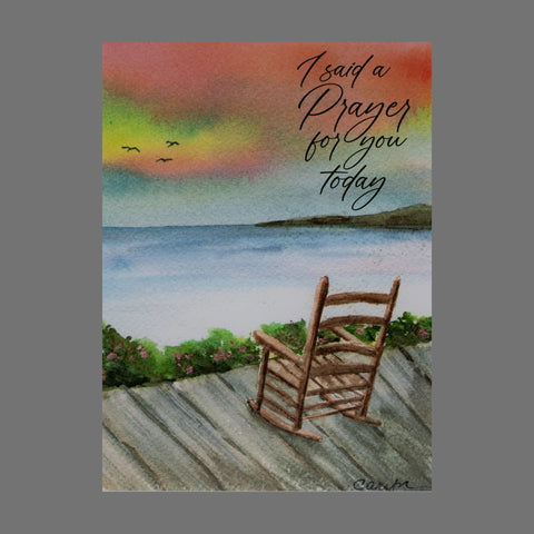 JuLu Cards Pack of 4 - I Said a Prayer for You Today With Chair on Dock (20065): Features a watercolor rocking chair on a lakeside dock at sunset with birds. Ideal card size for mailing, includes envelopes; perfect for sending heartfelt messages.