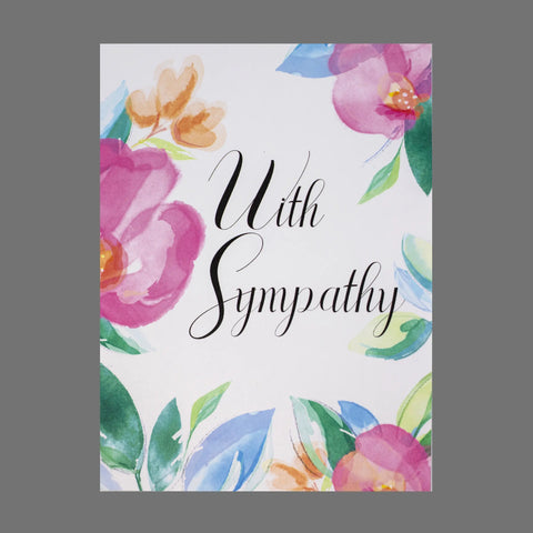 JuLu Cards Pack of 4 With Sympathy cards (20069) features pink, blue, and orange flowers in watercolor on a white background with elegant script.