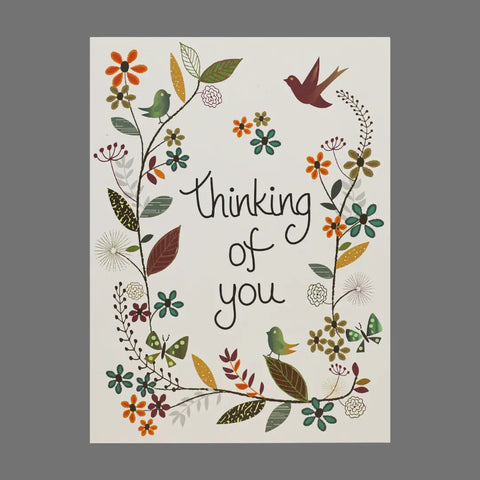 The JuLu Cards Pack of 4 Thinking of You cards (20011) features colorful flowers, leaves, and three birds on a white background. Each charming card comes with envelopes—perfect for any card collection.