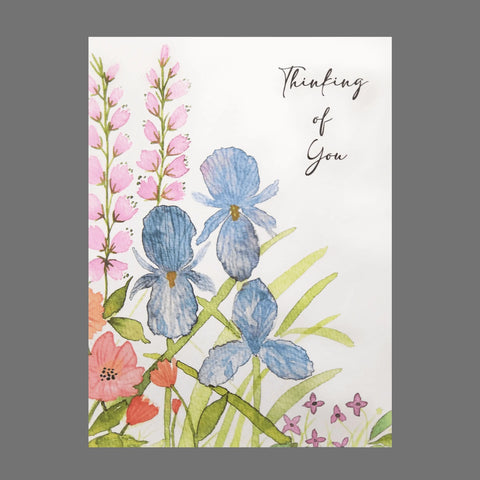JuLu Cards Pack of 4 Thinking of You cards (20072) features pink, blue, and orange watercolor flowers with cursive text on a white background—perfect for sending encouragement.