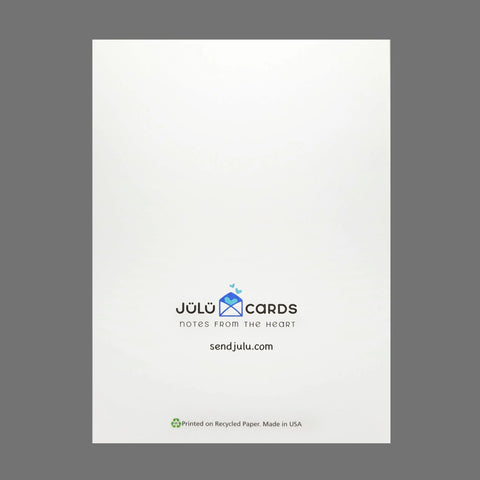 The back of the JuLu Cards “Thinking of You” With Colorful Flowers (20072) pack features the JuLu Cards logo, Notes From the Heart, sendjulu.com, “Printed on Recycled Paper. Made in USA.” on a clean white background.