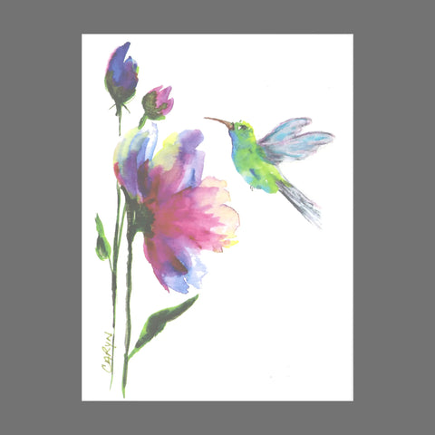Pack of 4 - Hummingbird at Tall Flowers (20058) by JuLu Cards features a green and blue hummingbird near pink and purple flowers, set on a white background with a gray border. Artist’s signature appears in the bottom left corner.