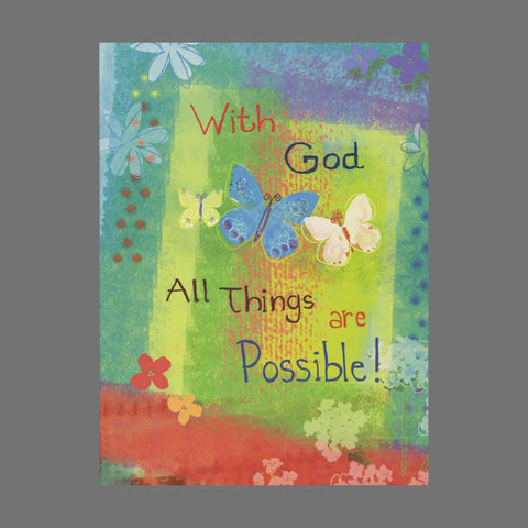 JuLu Cards Pack of 4 - With God All Things Are Possible With Butterflies and Flowers (20021) features colorful cards with butterflies, flowers, and the uplifting message: With God all things are possible!.