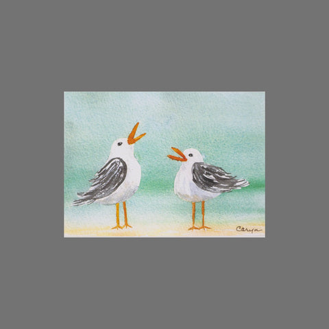 JuLu Cards Pack of 8 - Two Birds on the Beach (10091) features watercolor seagulls on sand with wings open, facing each other against a soft blue-green background—ideal for 3.5 x 5 greeting cards with matching envelopes.