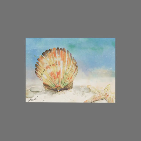 JuLu Cards Pack of 8 – Shell and Starfish on Ocean Bottom (10053): watercolor cards featuring a vibrant seashell and starfish design, ideal for 3.5 x 5 cards or envelopes.