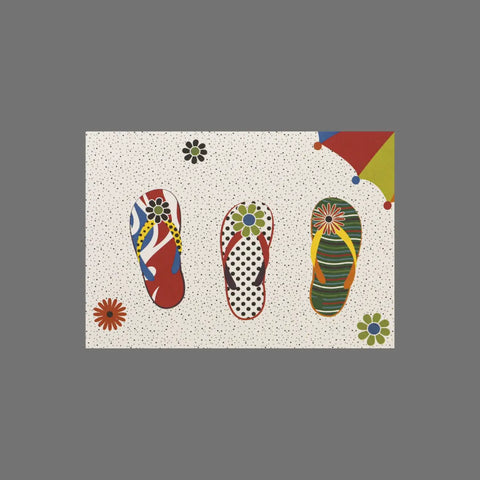 JuLu Cards Pack of 8 - Three Colorful Sandals on the Beach (10035) features three patterned sandals, flowers, and a beach umbrella edge on a dotted background—ideal for 3.5 x 5 cards or envelopes.