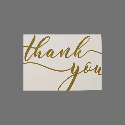 The JuLu Cards Pack of 8 features 3.5 x 5 white greeting cards with “Thank You” in gold cursive on a gray background—ideal for pairing with matching envelopes.