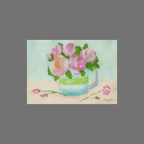 Pack of 8 Flowers in a Mug cards by JuLu Cards, each featuring a painting of pink roses in a blue and green mug with rosebuds on a light surface. Artwork (3.5 x 5) is signed Carol and perfect for greeting cards or invitations.