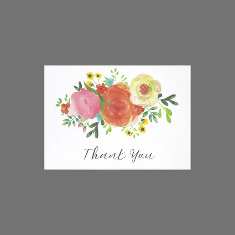 JuLu Cards Pack of 8 Thank You cards (10082) features elegant script on a 3.5 x 5 card adorned with pink, orange, and white watercolor flowers on white, perfect for pairing with matching envelopes.