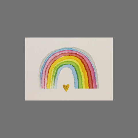 The Pack of 8 - Rainbow With Heart (10056) by JuLu Cards features a hand-painted seven-color rainbow above a gold heart, centered on white and gray—perfect for sending thoughtful notes.