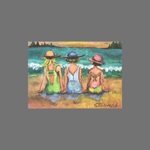 JuLu Cards’ Pack of 8 - Three Friends on the Beach (10104) features three girls in summer hats and dresses on a sandy shore, perfect for greeting cards or 3.5 x 5 stationery.