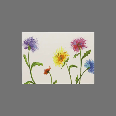 The JuLu Cards Pack of 8 features the Five Simple Flowers design (10045) with purple, orange, yellow, pink, and blue blooms on a white background—ideal 3.5 x 5 cards for notes or envelopes.