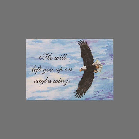 Send uplifting messages with this JuLu Cards Pack of 8 - He Will Lift You Up on Eagles Wings (10022), featuring a painted bald eagle soaring in a blue sky. Includes eight cards and envelopes.