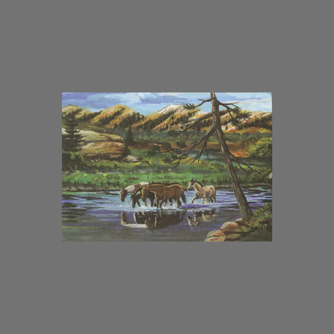 JuLu Cards’ Pack of 8 - Four Horses in River With Mountains (10036) features four horses in a scenic river landscape—ideal for 3.5 x 5 cards or envelopes.