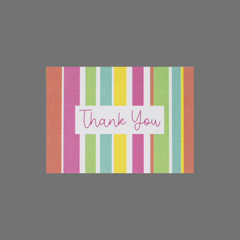 The JuLu Cards Pack of 8 - Thank You With Pastel Stripes (10088) features 3.5 x 5 cards with vertical pastel stripes and “Thank You” in pink cursive on gray, perfect for greetings and comes with matching envelopes.
