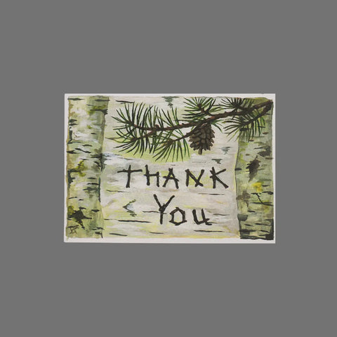 The JuLu Cards Pack of 8 - Thank You on Birch Wood With Evergreen Branch (10039) features birch trees, a pine branch, and pine cone on a gray-green background—perfect for heartfelt messages in any card size.