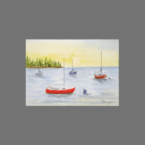 JuLu Cards Pack of 8 - Sailboats on the Lake (10108): Watercolor sailboats with red and white hulls on calm blue water beneath a soft yellow sky, perfect for any coastal greeting card collection.