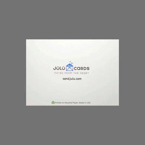 The image shows the back of a Pack of 8 - Sailboats on the Lake (10108) card by JuLu Cards, featuring the logo, tagline Notes from the heart, sendjulu.com, and a note that its printed on recycled paper in the USA.