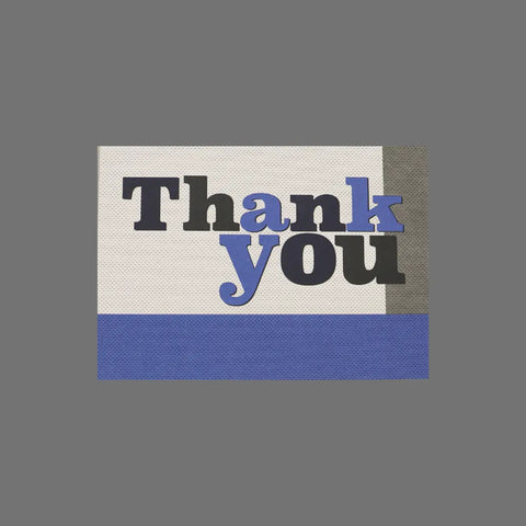 The JuLu Cards Pack of 8 Thank You Blue and Black With Blocks (10006) features 3.5 x 5 cards with bold lettering on a blue, gray, and white background, solid gray border, and includes envelopes for easy gifting.