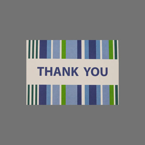 JuLu Cards Pack of 8 Thank You cards (10069) features blue and green striped borders, bold blue THANK YOU text on a gray background, and includes matching envelopes.