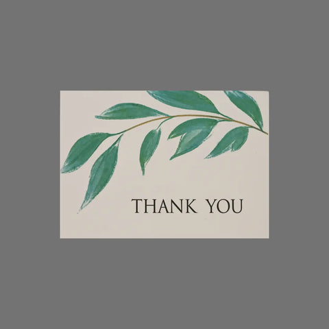 The JuLu Cards Pack of 8 Thank You With Leaves on a Branch (10070) features 3.5 x 5 white cards with green leaf illustrations and black THANK YOU text—ideal for pairing with matching envelopes.