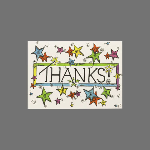 JuLu Cards Pack of 8 - Thanks! With Stars and Swirls (10025) features colorful, hand-drawn 3.5 x 5 cards with bold THANKS, vibrant stars, dots, and swirls on white. Includes matching envelopes; set shown on a plain gray backdrop.