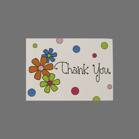 JuLu Cards’ Pack of 8 - Thank You With Simple Flowers and Circles (10013) features 3.5 x 5 white greeting cards with cursive Thank You, colorful flowers, and circles—ideal for pairing with matching envelopes.