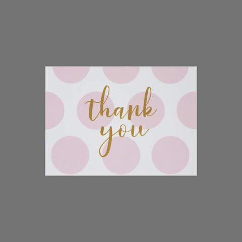 JuLu Cards Pack of 8 Thank You With Pink Circles (10089): white cards with gold cursive thank you text and large light pink dots, size 3.5 x 5 inches, envelopes included; shown on a plain gray backdrop.