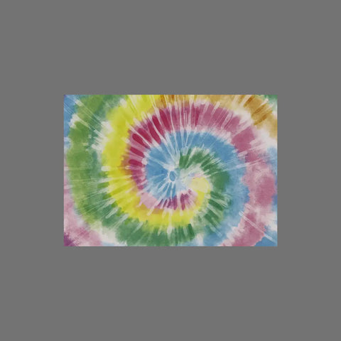 JuLu Cards’ Pack of 8 - Tie Dye Swirl (10068) features vibrant yellow, green, blue, red, and white spiral designs on a gray background—ideal for greeting cards. Includes matching envelopes.