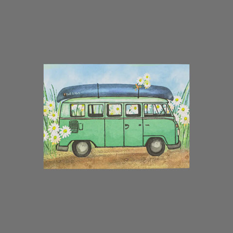 JuLu Cards Pack of 8 - Camper Van With Canoe (10060) features a green vintage van with a blue canoe atop, parked on a dirt path among tall grass and daisies, set against gray. Ideal for cheerful notes or as a thoughtful gift.