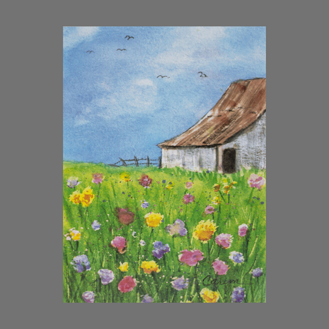 Pack of 4 Handmade Greeting Cards – Rustic Barn and Wildflower Field | Made in USA JuLu Cards  Blank Cards